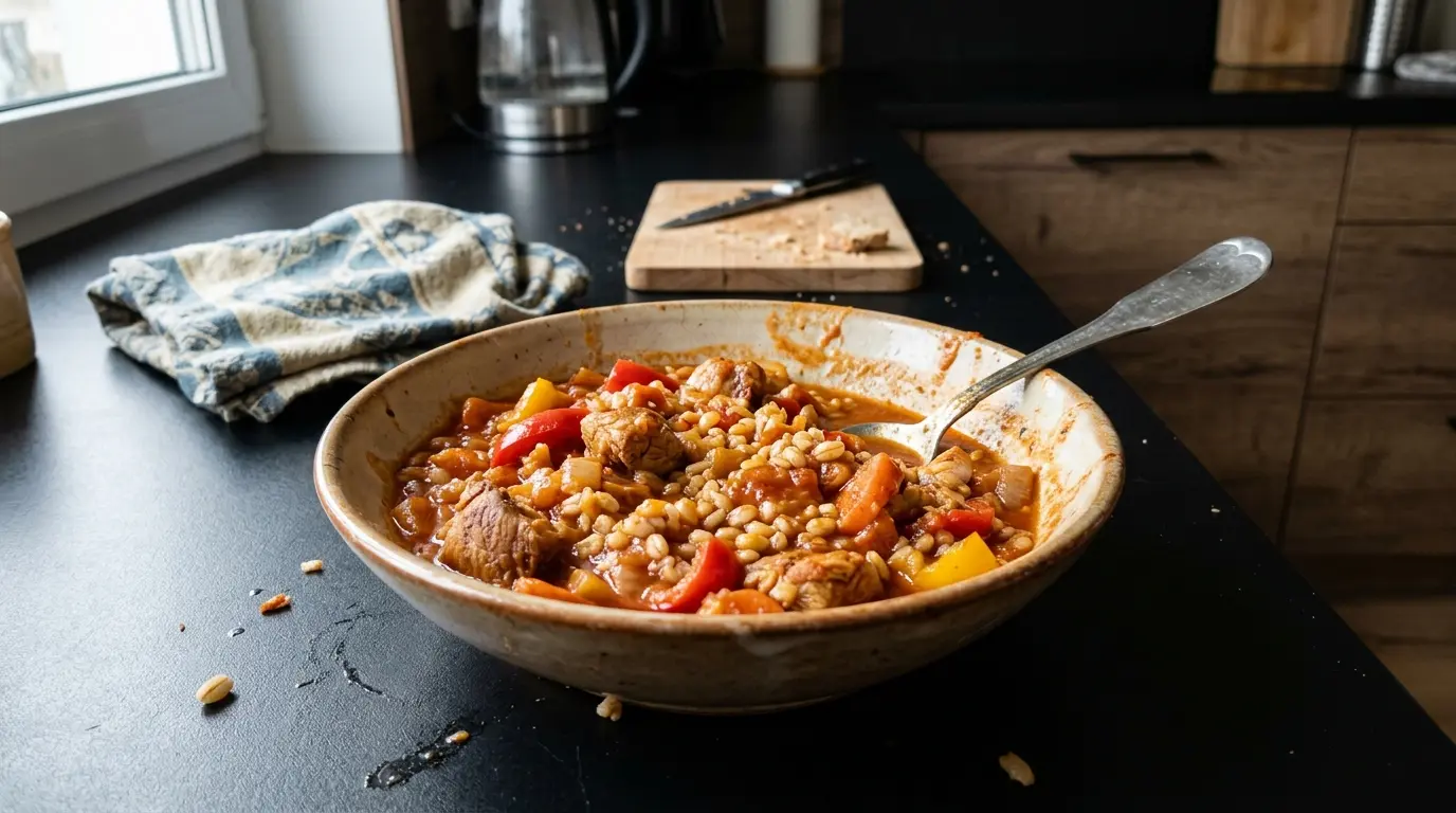 Gulasz z indyka z papryką i kaszą jęczmienną