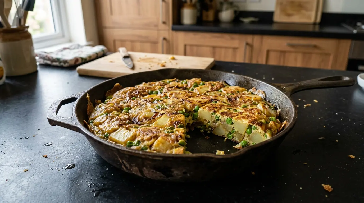 Hiszpańska frittata z ziemniakami i zielonym groszkiem