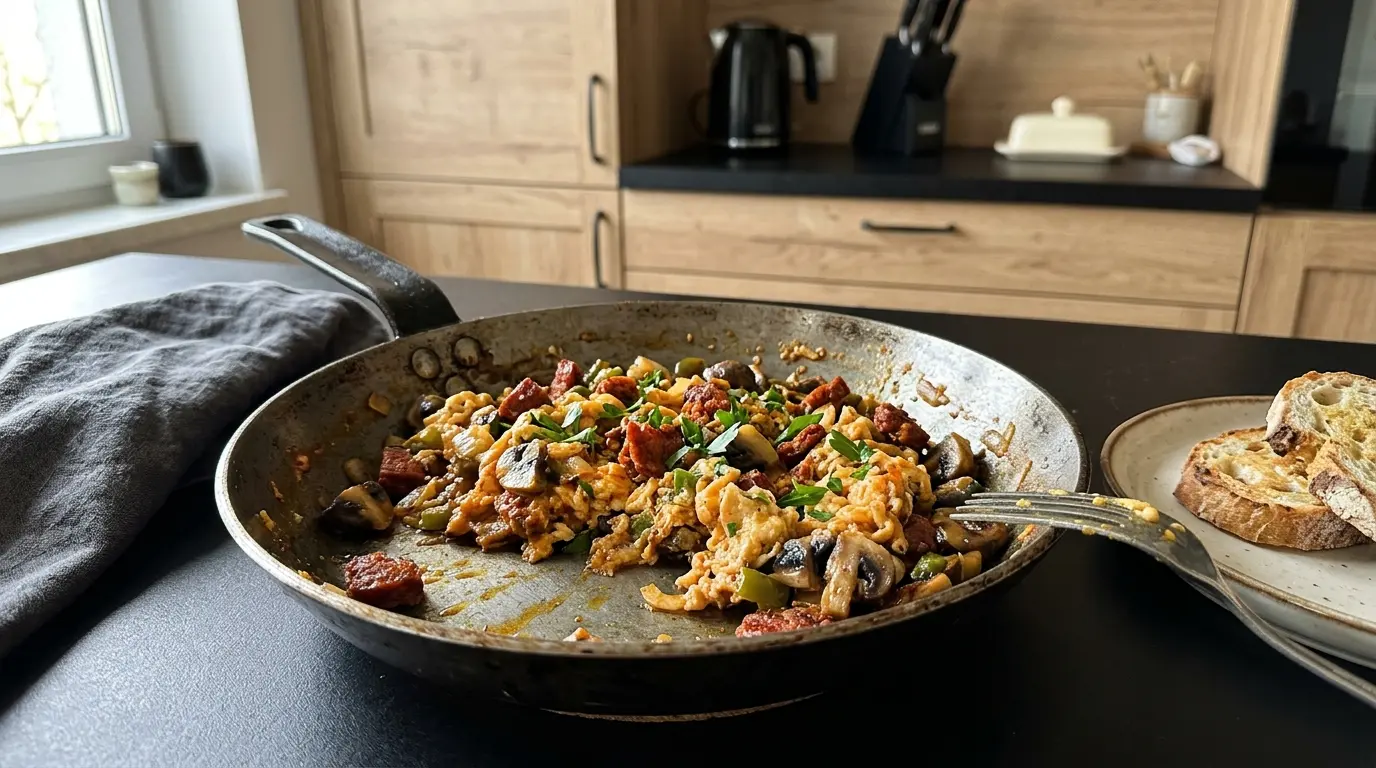 Hiszpańska jajecznica z chorizo i pieczarkami