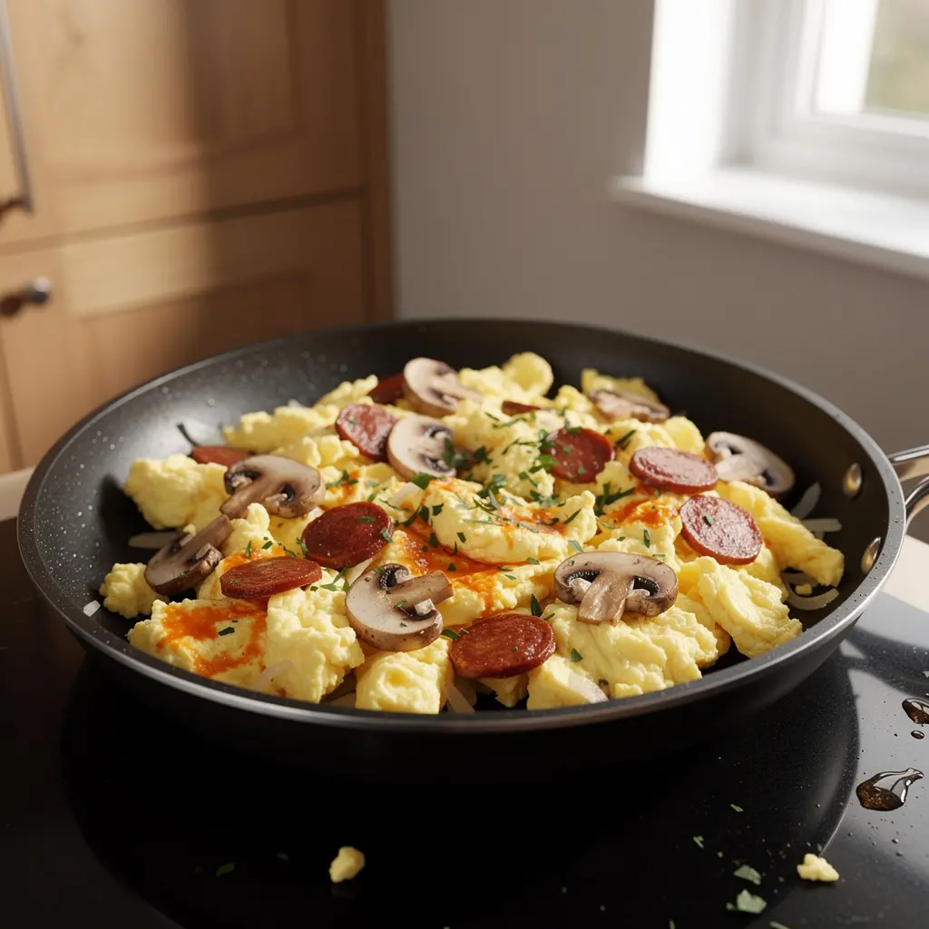 Spanish Scrambled Eggs with Chorizo and Mushrooms