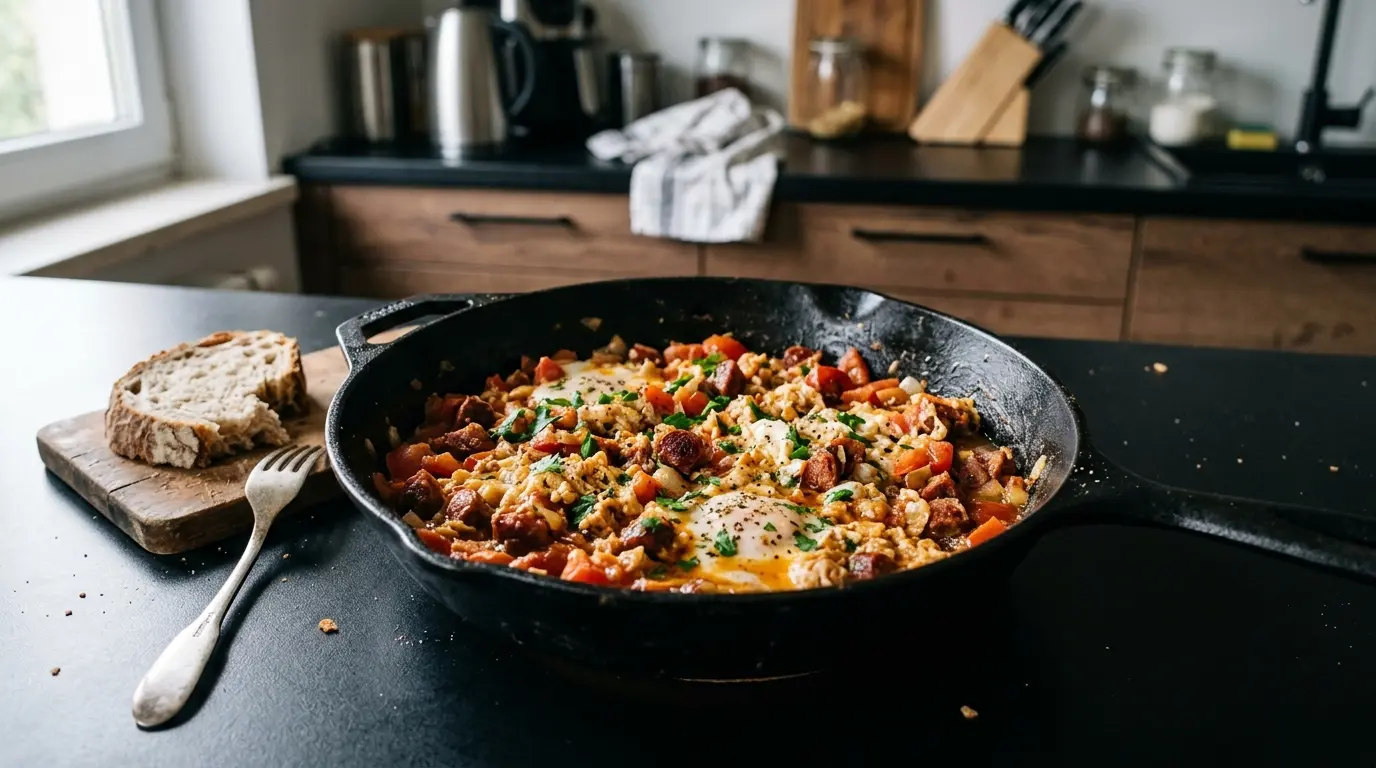 Hiszpańska jajecznica z chorizo i pomidorami na patelni