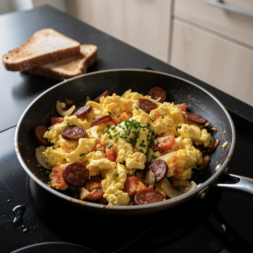 Hiszpańska jajecznica z chorizo i pomidorami na patelni