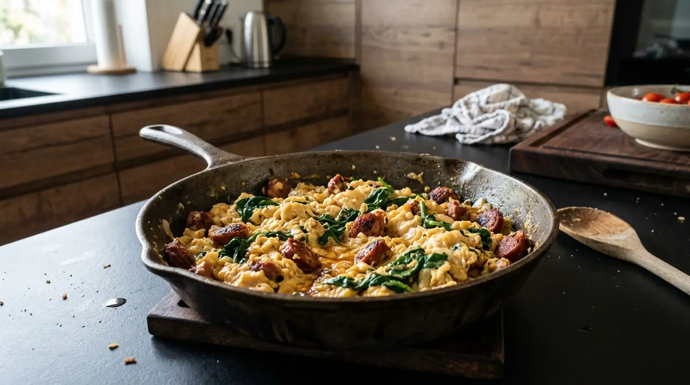 Hiszpańska jajecznica z chorizo i szpinakiem