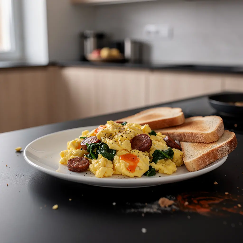 Spanish Scrambled Eggs with Chorizo and Spinach