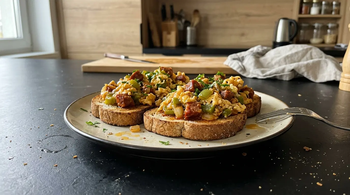Hiszpańska jajecznica z chorizo i zieloną papryką na tostach