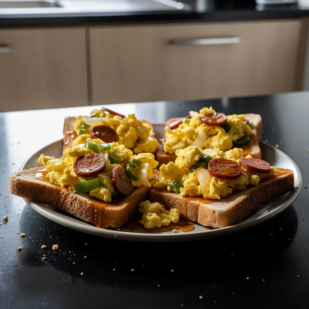 Hiszpańska jajecznica z chorizo i zieloną papryką na tostach
