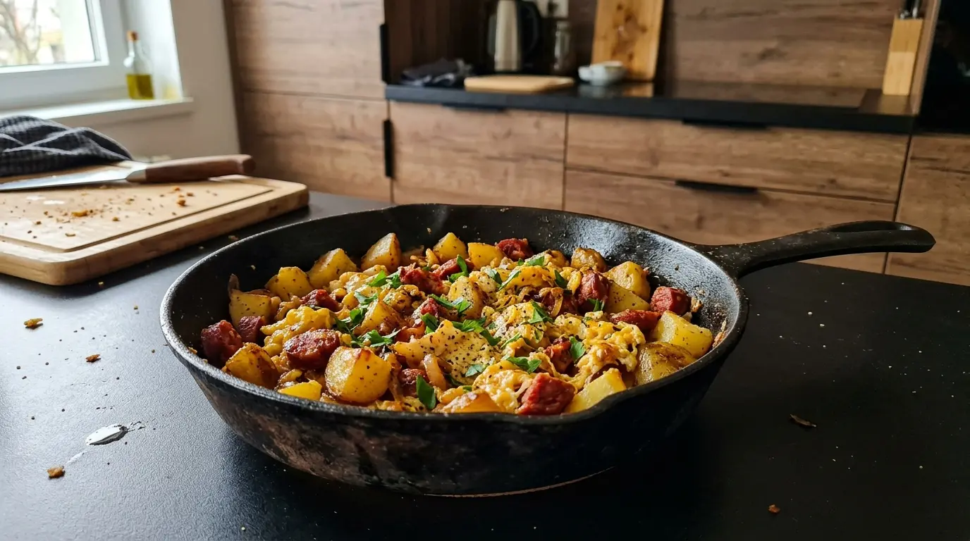Hiszpańska jajecznica z chorizo i ziemniakami na patelni żeliwnej