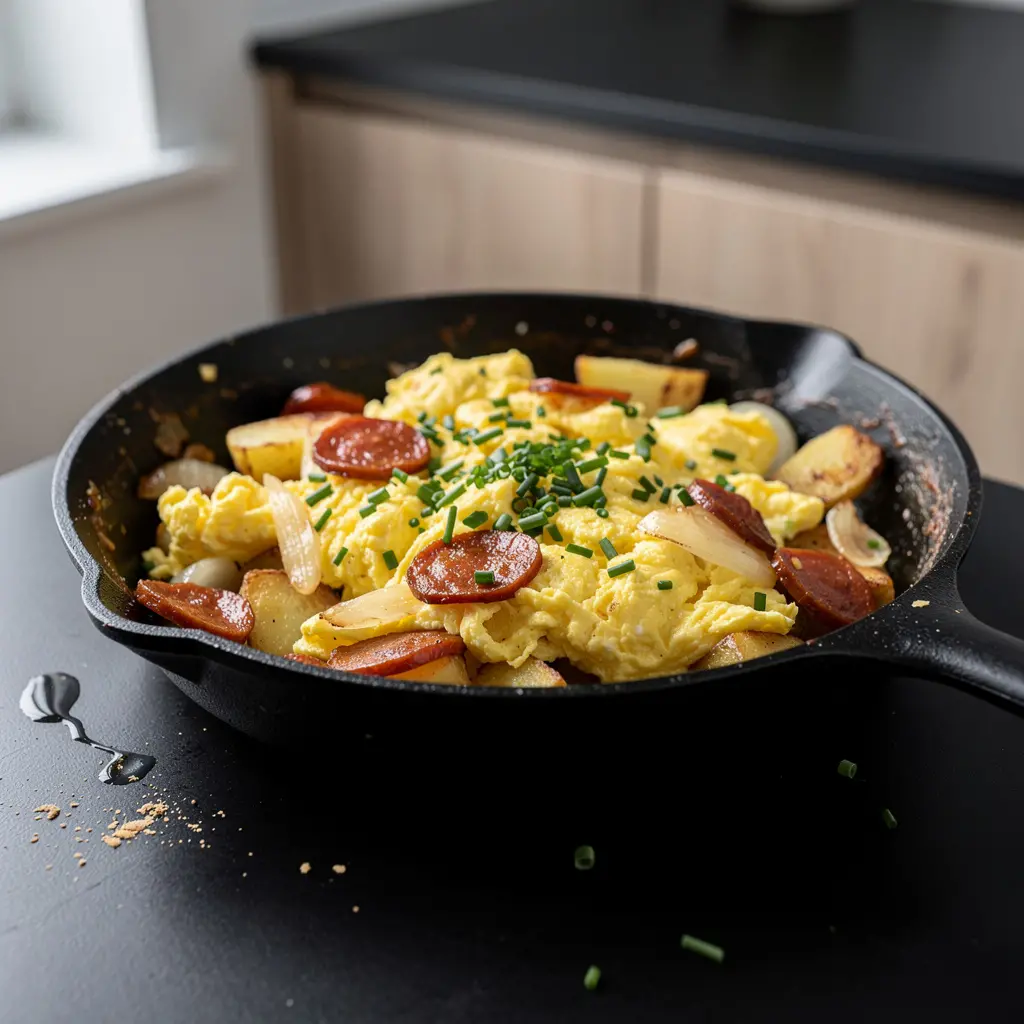 Hiszpańska jajecznica z chorizo i ziemniakami na patelni żeliwnej