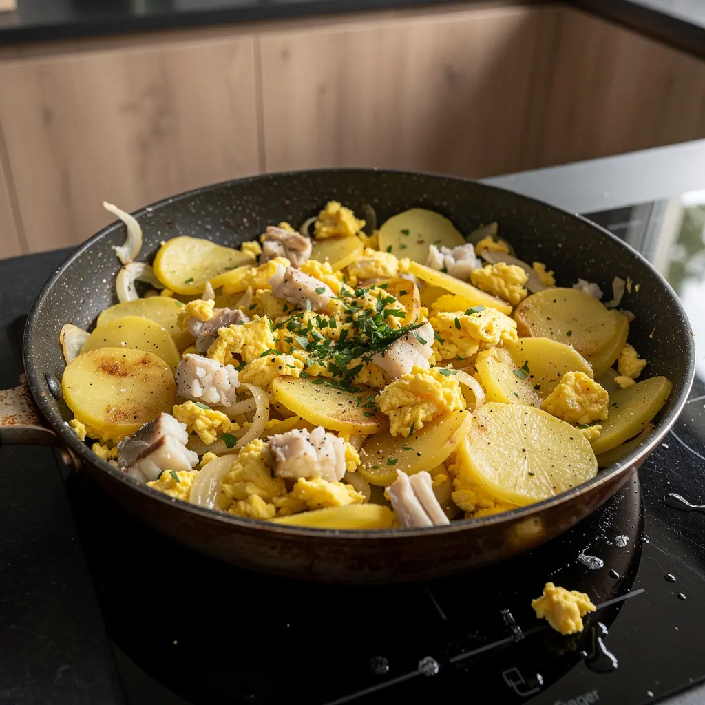 Hiszpańska jajecznica z dorszem i ziemniakami