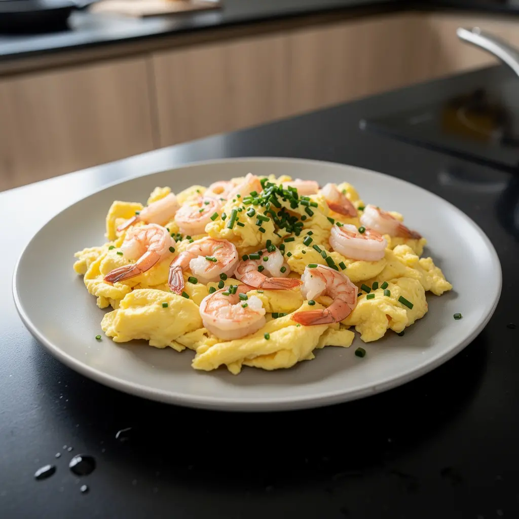 Revuelto español con gambas y cebollino