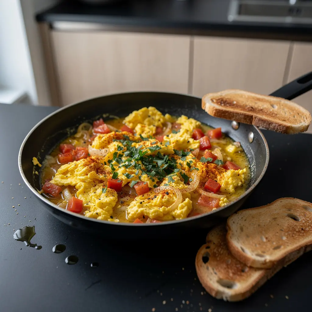 Hiszpańska jajecznica z pomidorami, cebulą i papryką