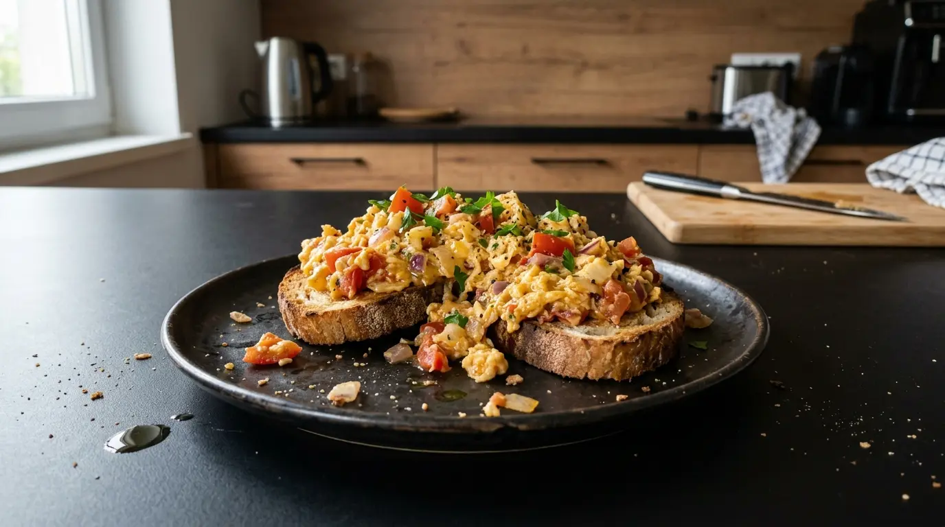 Hiszpańska jajecznica z pomidorami i cebulą na tostach