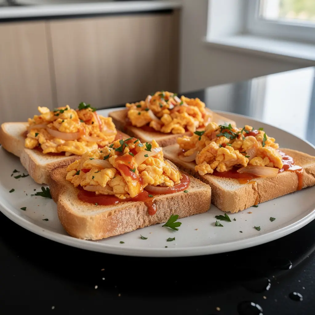 Spanish Scrambled Eggs with Tomatoes and Onion on Toast