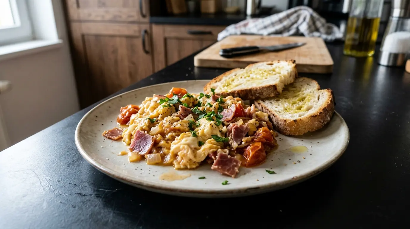 Hiszpańska jajecznica z szynką serrano i pomidorami