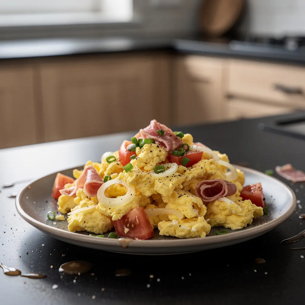 Spanish Scrambled Eggs with Serrano Ham and Tomatoes