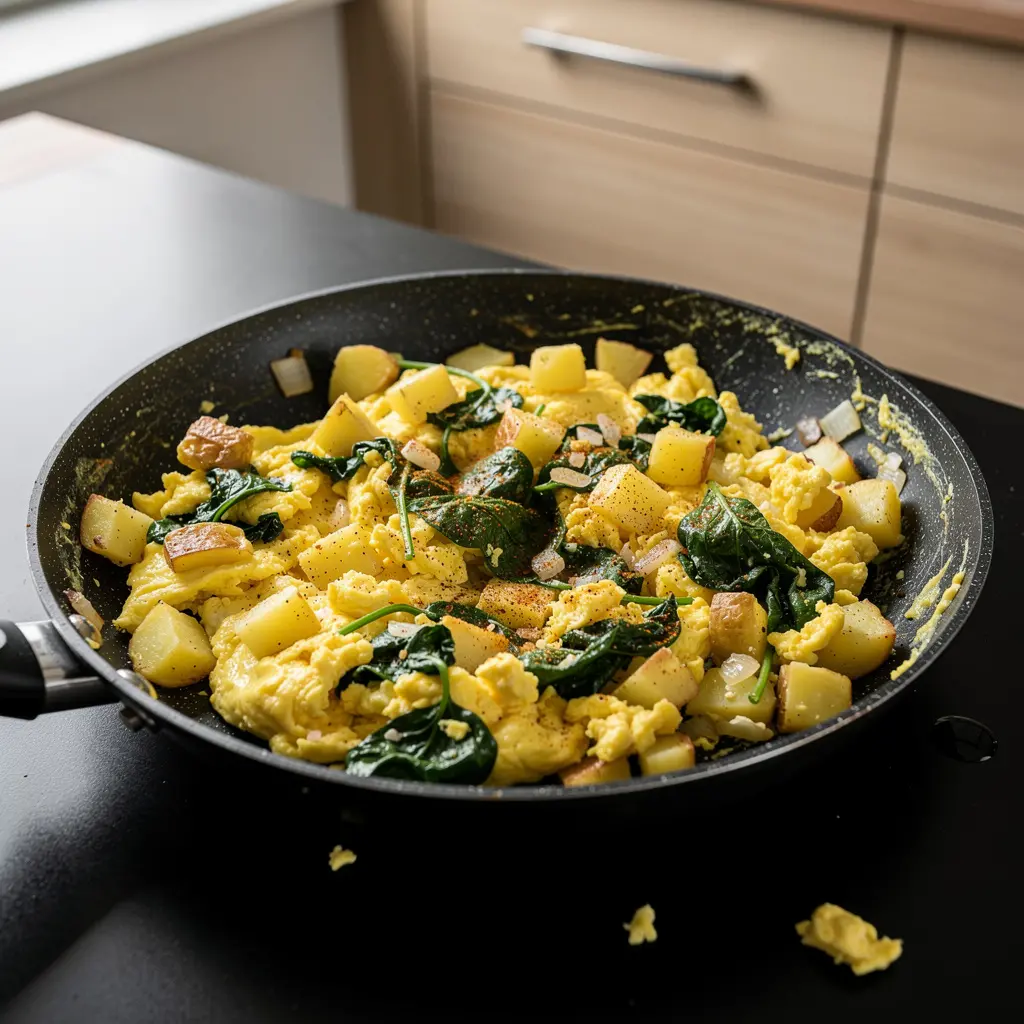 Revuelto español con patatas y espinacas