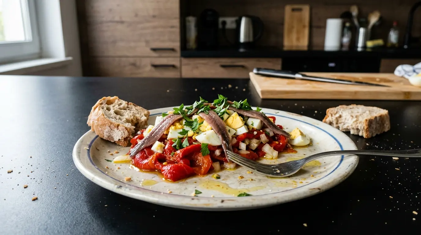 Hiszpańska przekąska z pieczonej papryki, anchois i jajka