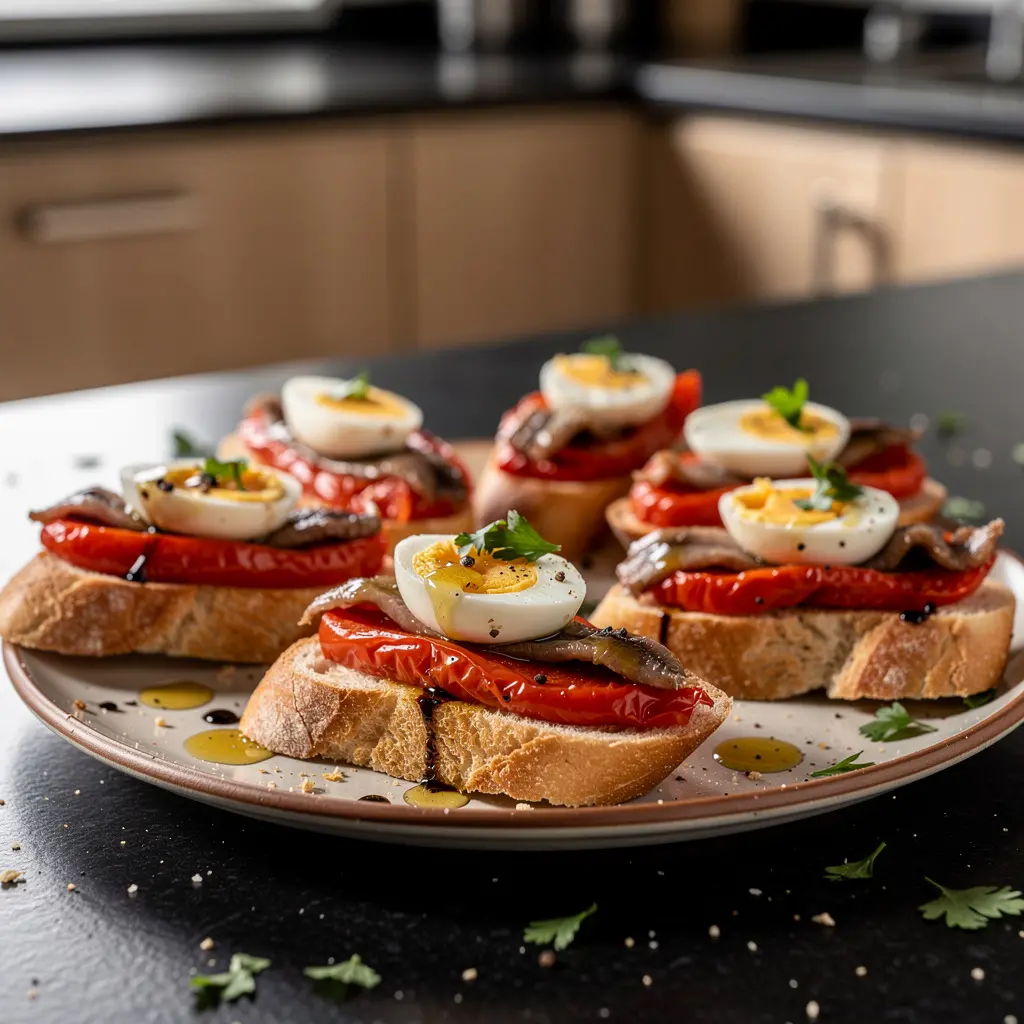 Hiszpańska przekąska z pieczonej papryki, anchois i jajka