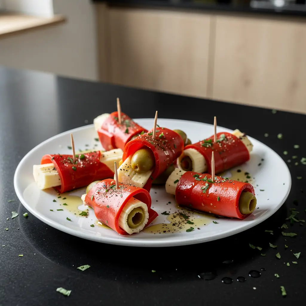 Hiszpańska przekąska z pieczonej papryki, sera i oliwek