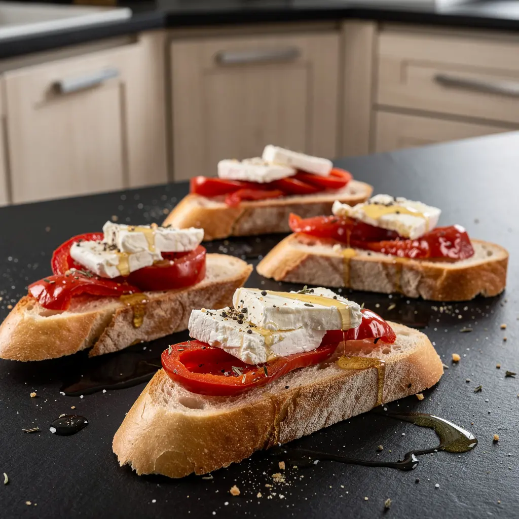 Hiszpańska przekąska z pieczonej papryki, sera koziego i miodu na grzankach