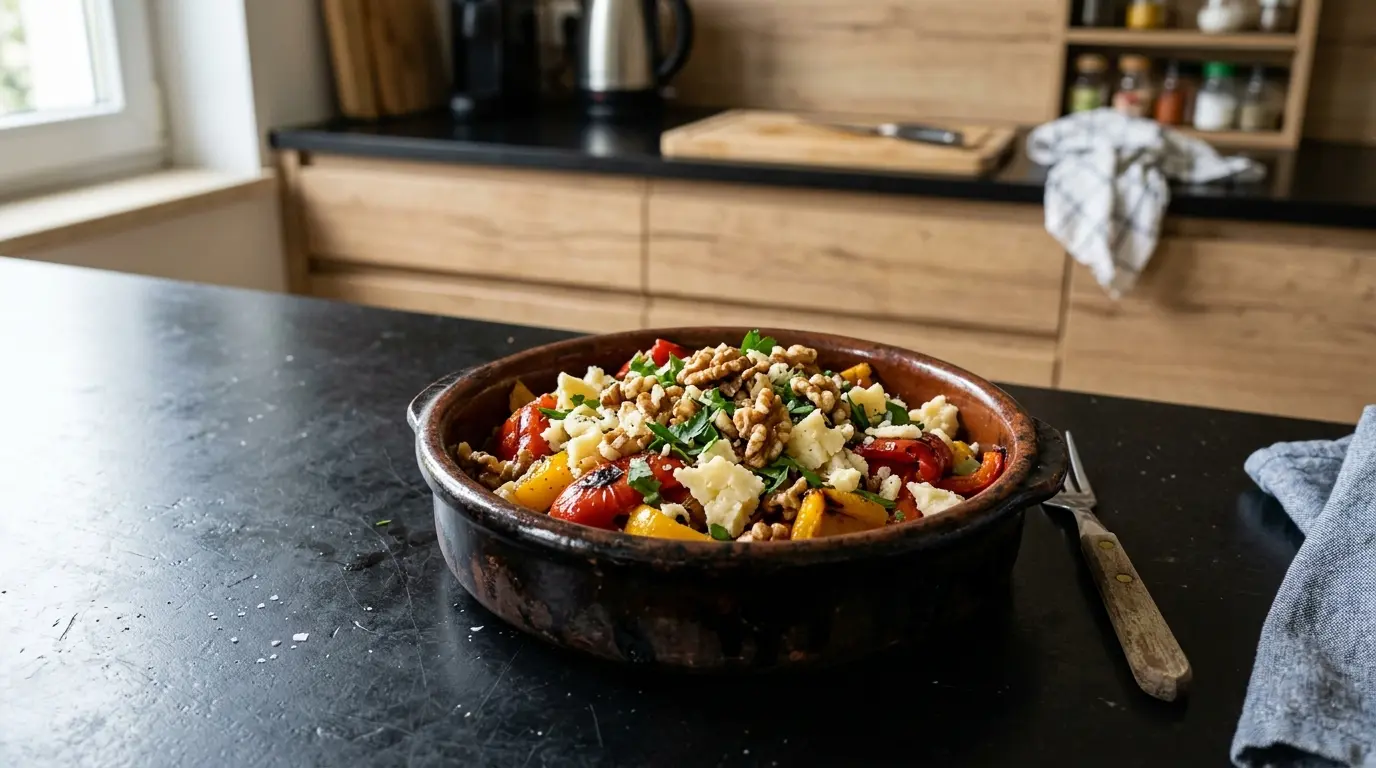 Aperitivo español de pimiento asado, queso manchego y nueces