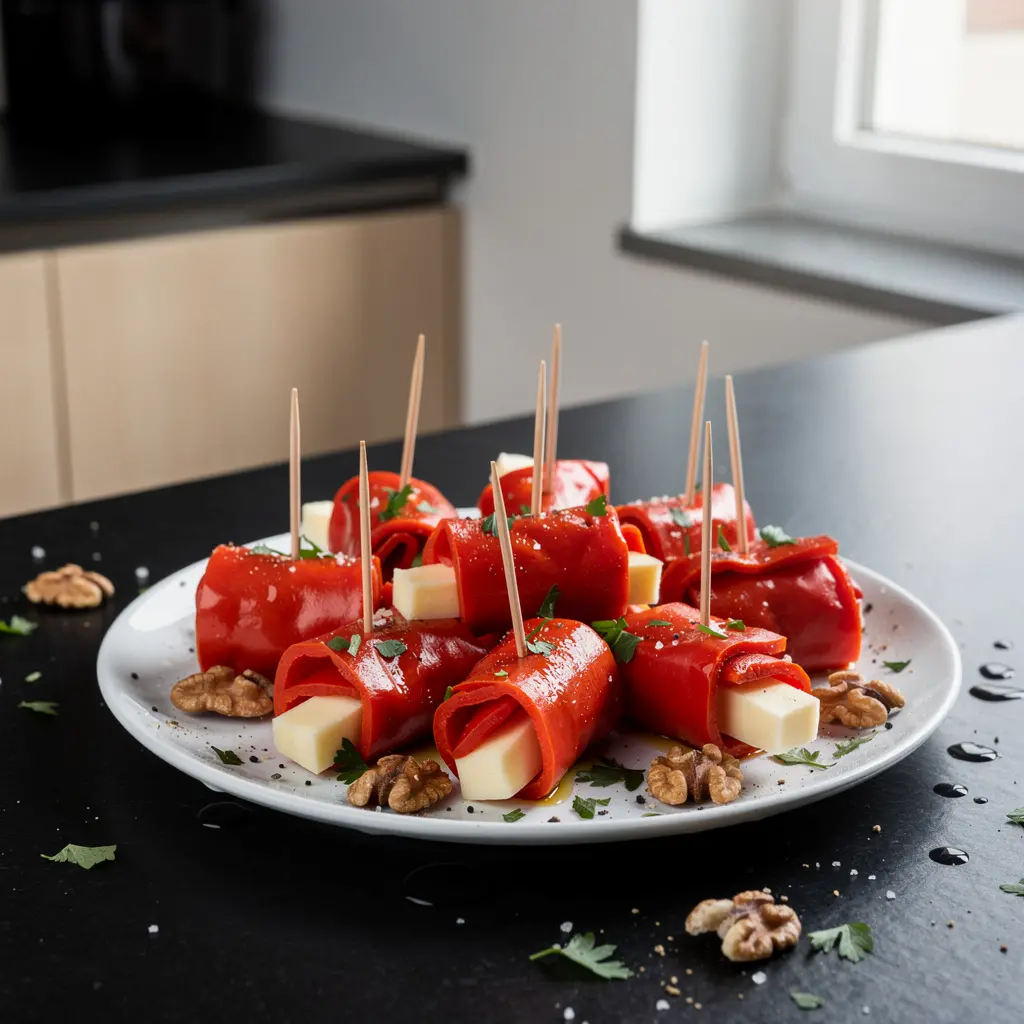 Hiszpańska przekąska z pieczonej papryki, sera manchego i orzechów