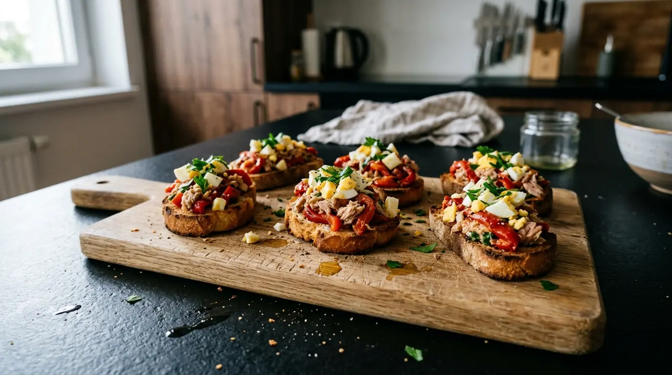 Aperitivo español de pimiento asado, atún y huevo sobre tostadas