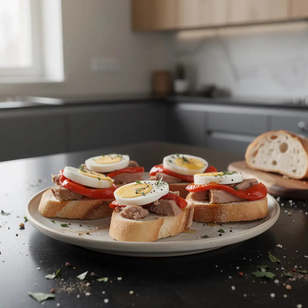 Hiszpańska przekąska z pieczonej papryki, tuńczyka i jajka na grzankach