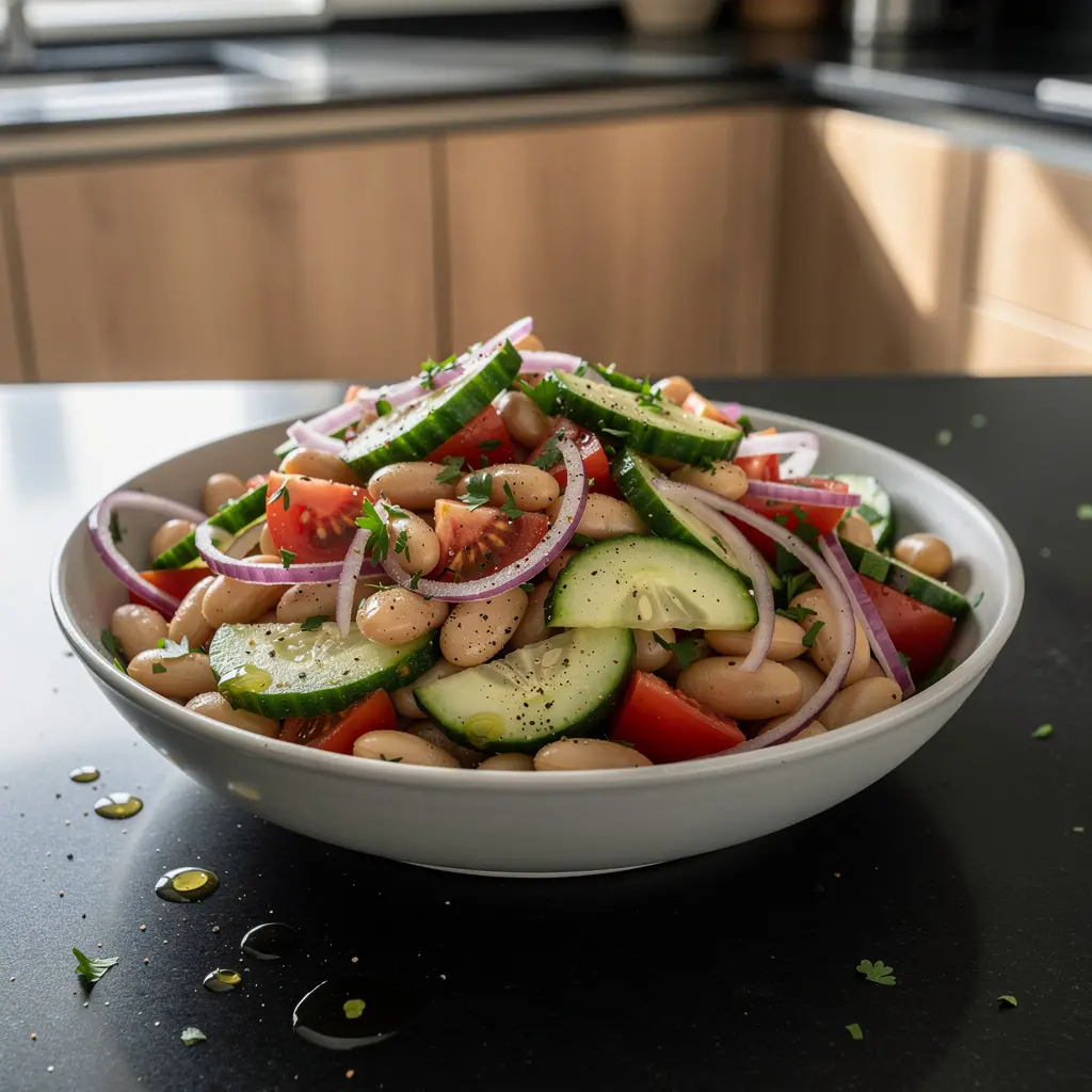 Insalata spagnola di fagioli bianchi, pomodori e cipolla rossa
