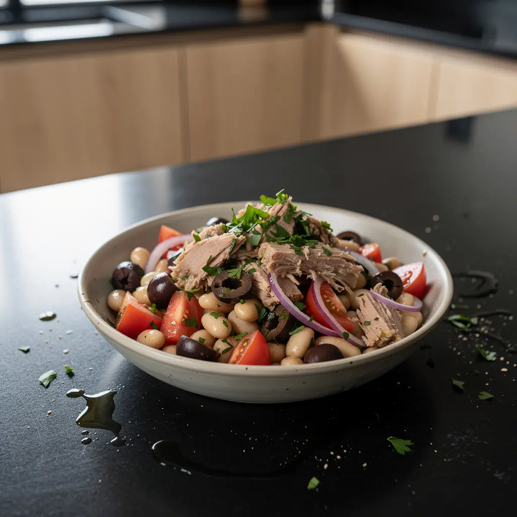 Hiszpańska sałatka z białej fasoli, pomidorów i tuńczyka w oliwie