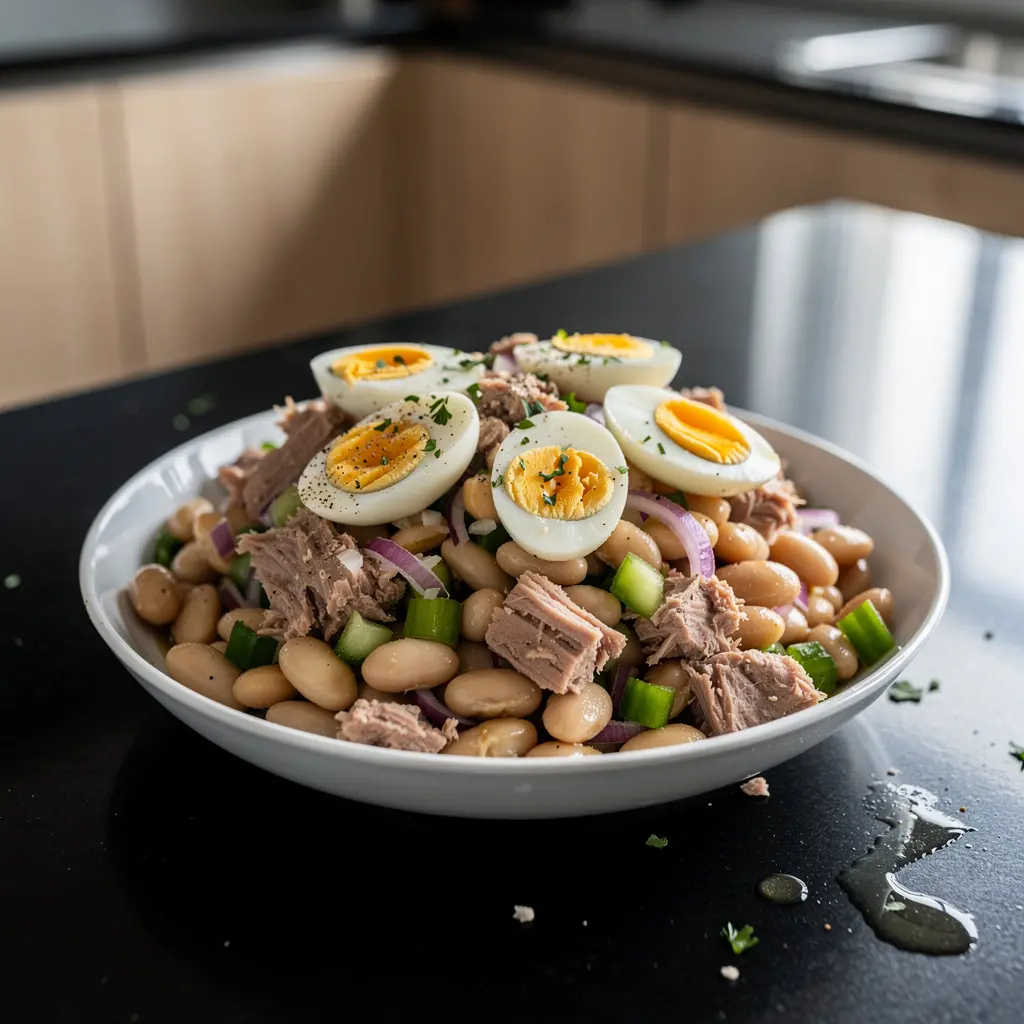 Ensalada española de alubias blancas, atún y huevos de codorniz