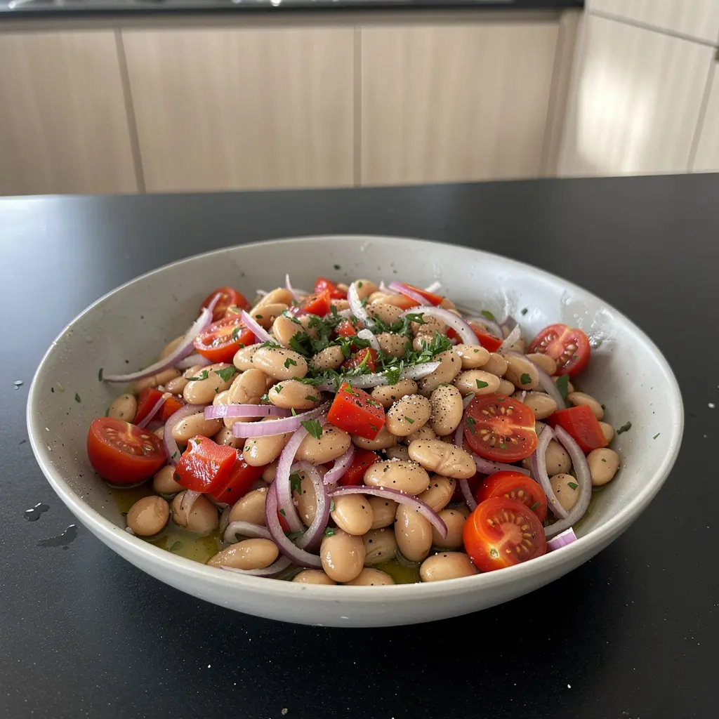 Insalata spagnola di fagioli, peperoni e cipolla rossa