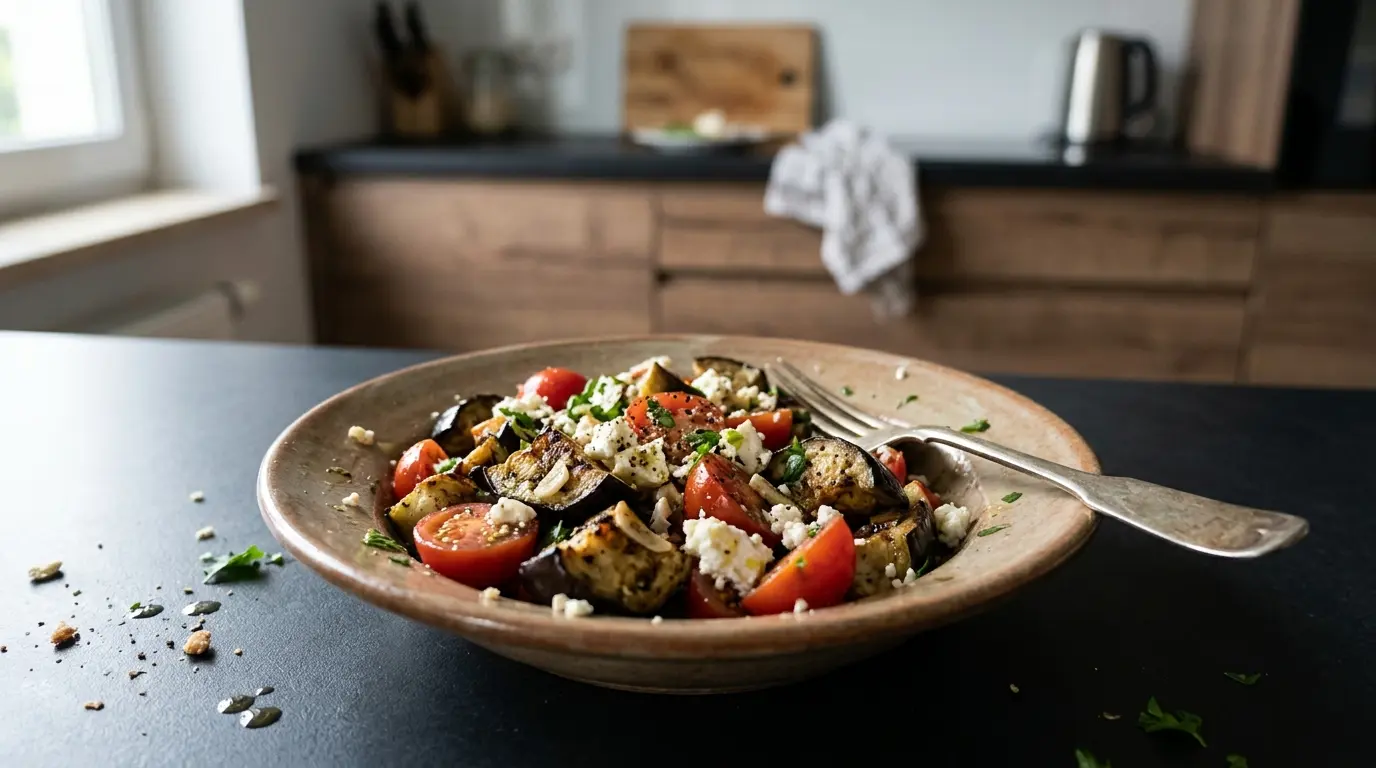Hiszpańska sałatka z grillowanego bakłażana, pomidorów i sera feta