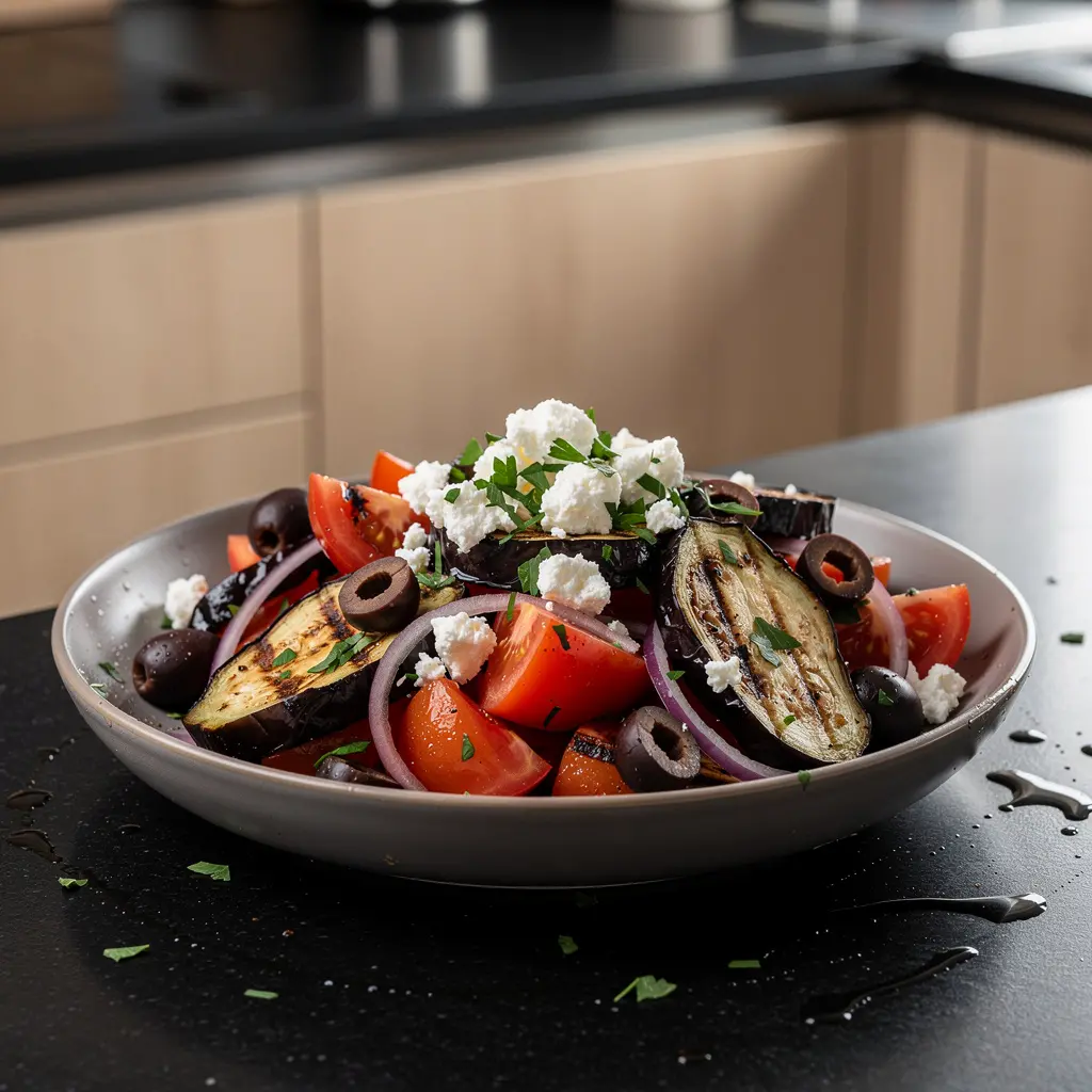 Hiszpańska sałatka z grillowanego bakłażana, pomidorów i sera feta