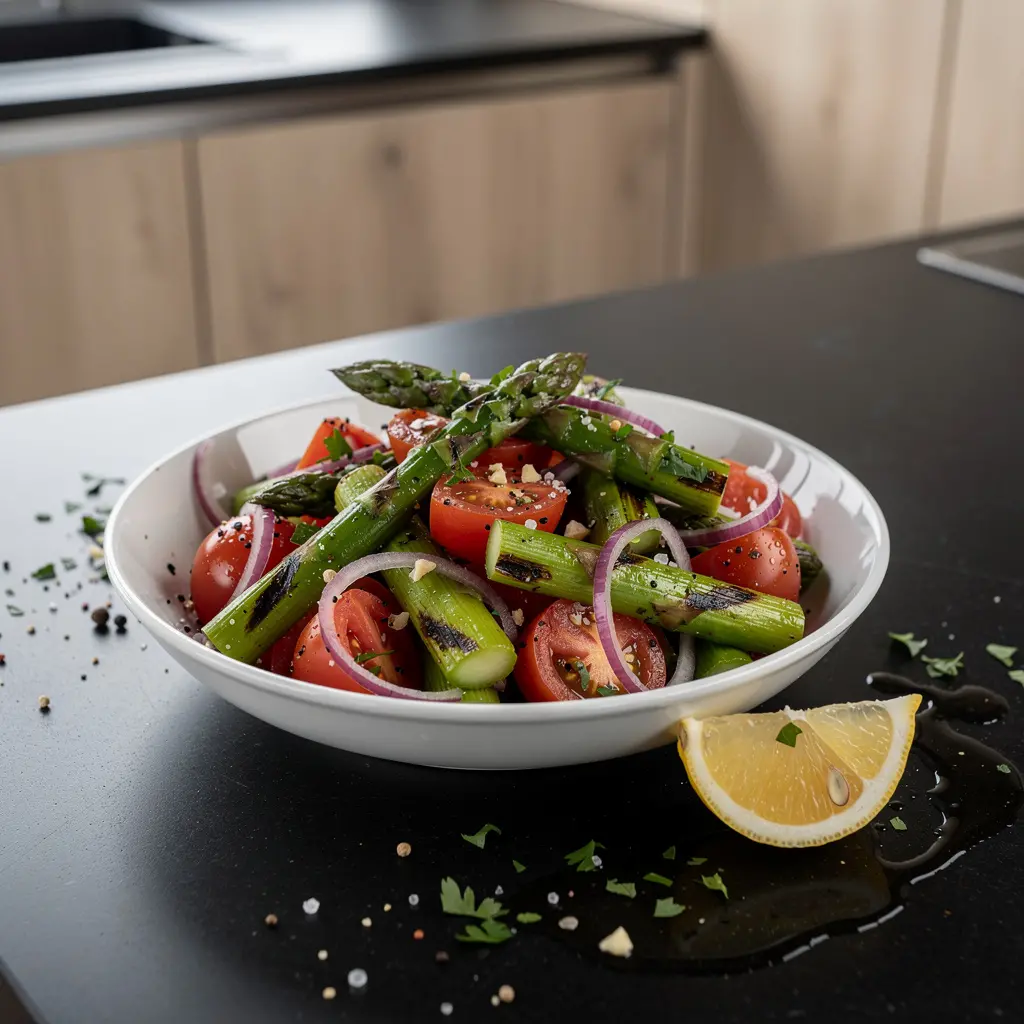 Hiszpańska sałatka z grillowanych szparagów i pomidorów