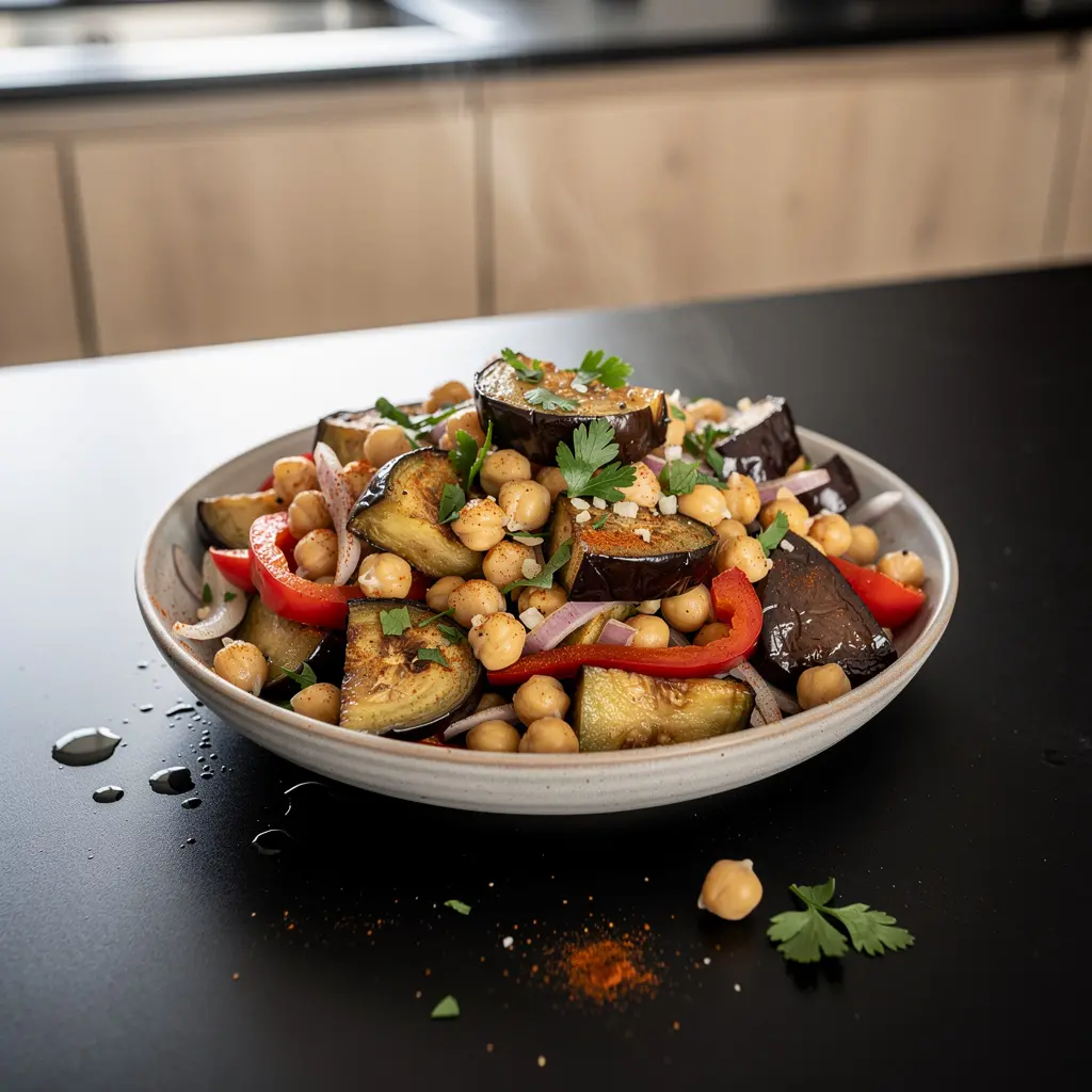 Hiszpańska sałatka z pieczonego bakłażana i ciecierzycy