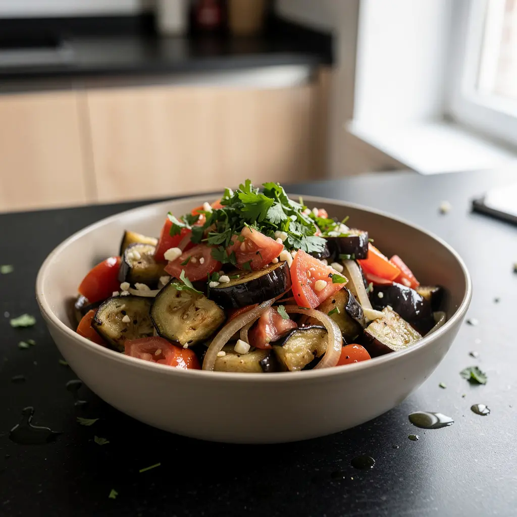 Hiszpańska sałatka z pieczonego bakłażana i pomidorów