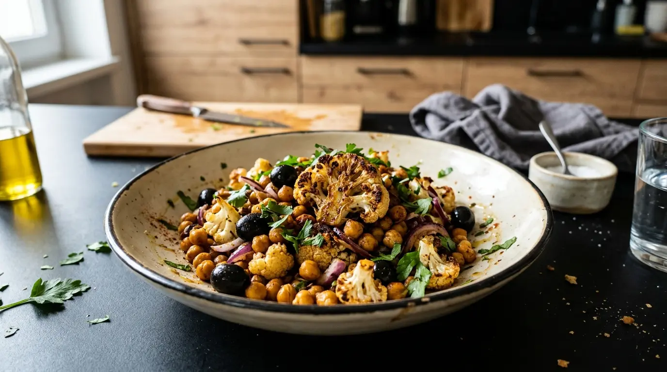 Spanischer Salat aus geröstetem Blumenkohl, Kichererbsen und Oliven