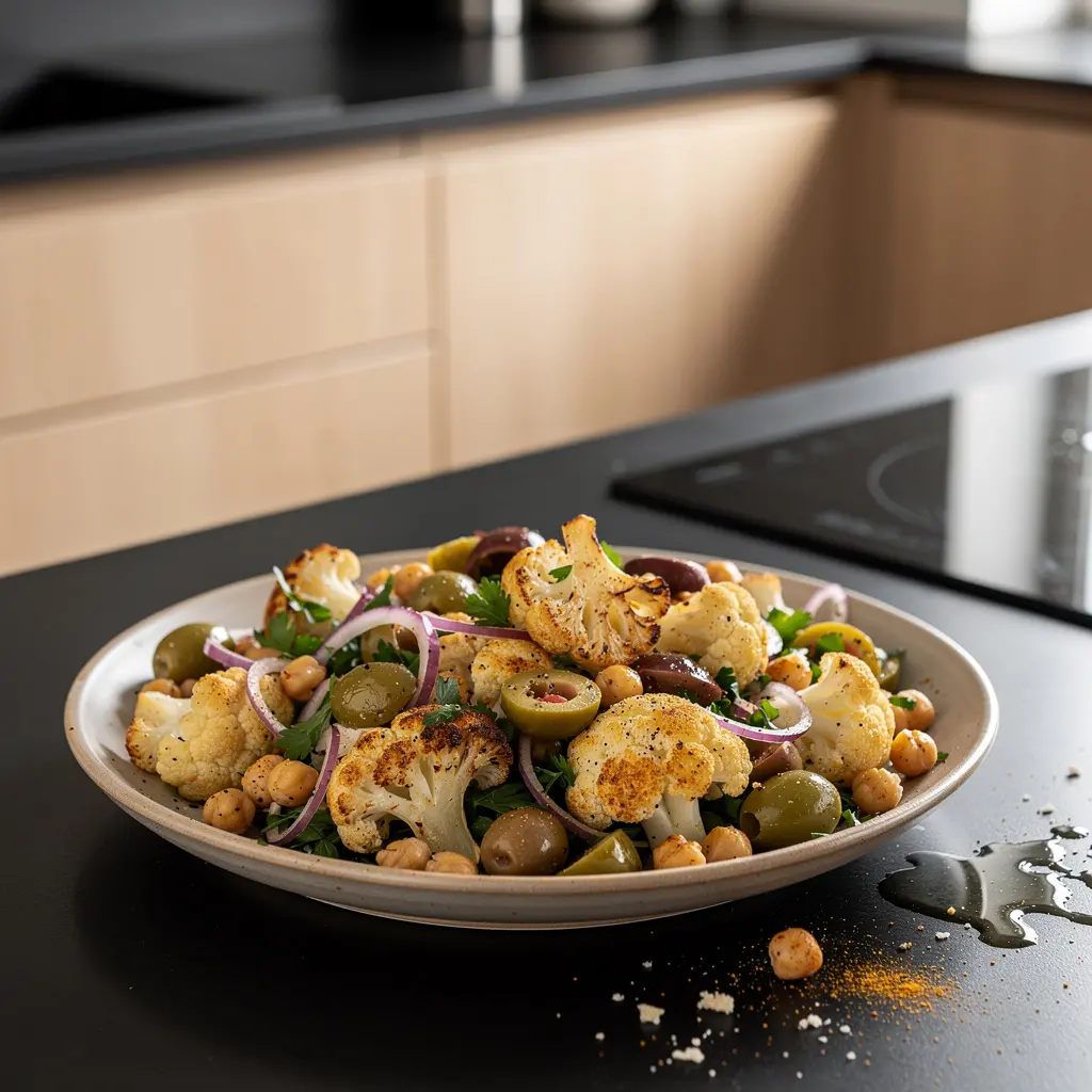 Hiszpańska sałatka z pieczonego kalafiora, ciecierzycy i oliwek