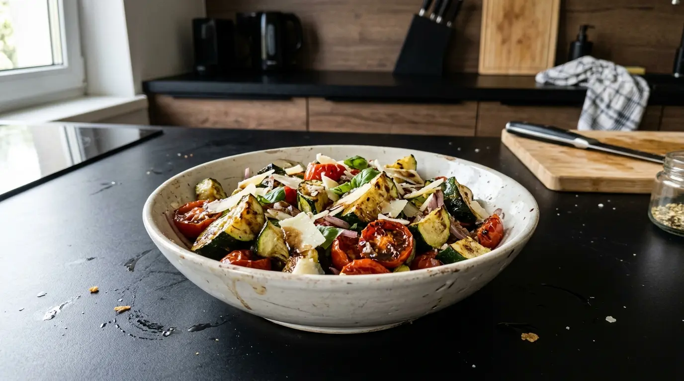 Hiszpańska sałatka z pieczonej cukinii, pomidorów i sera manchego