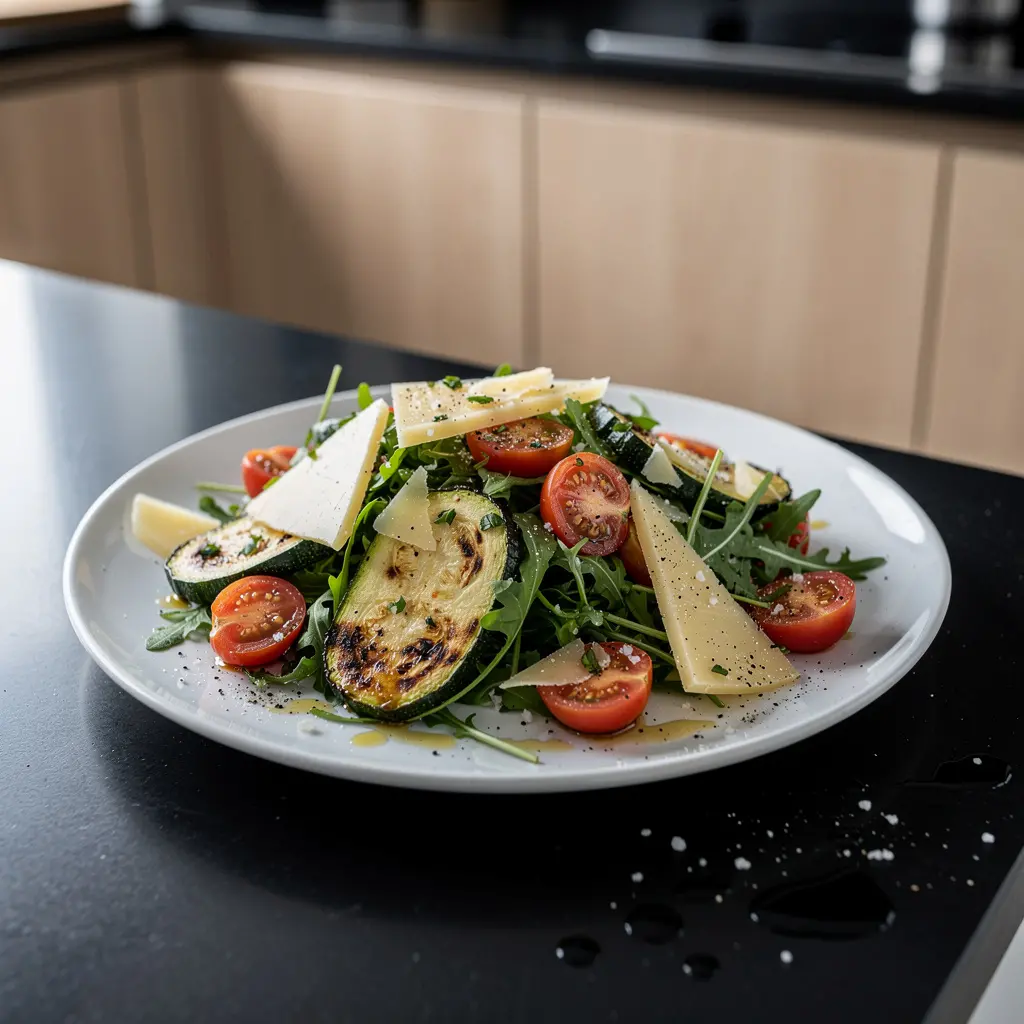 Hiszpańska sałatka z pieczonej cukinii, pomidorów i sera manchego