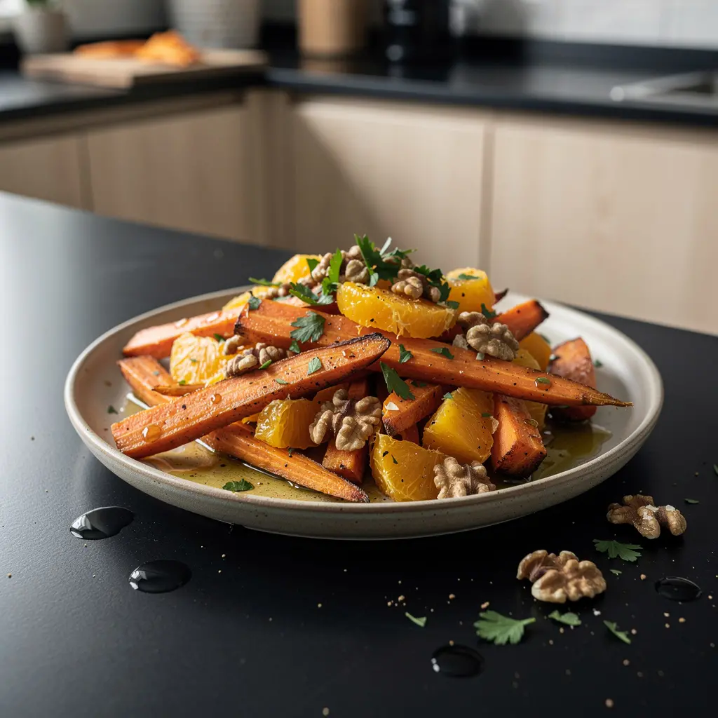Hiszpańska sałatka z pieczonej marchewki, pomarańczy i orzechów włoskich