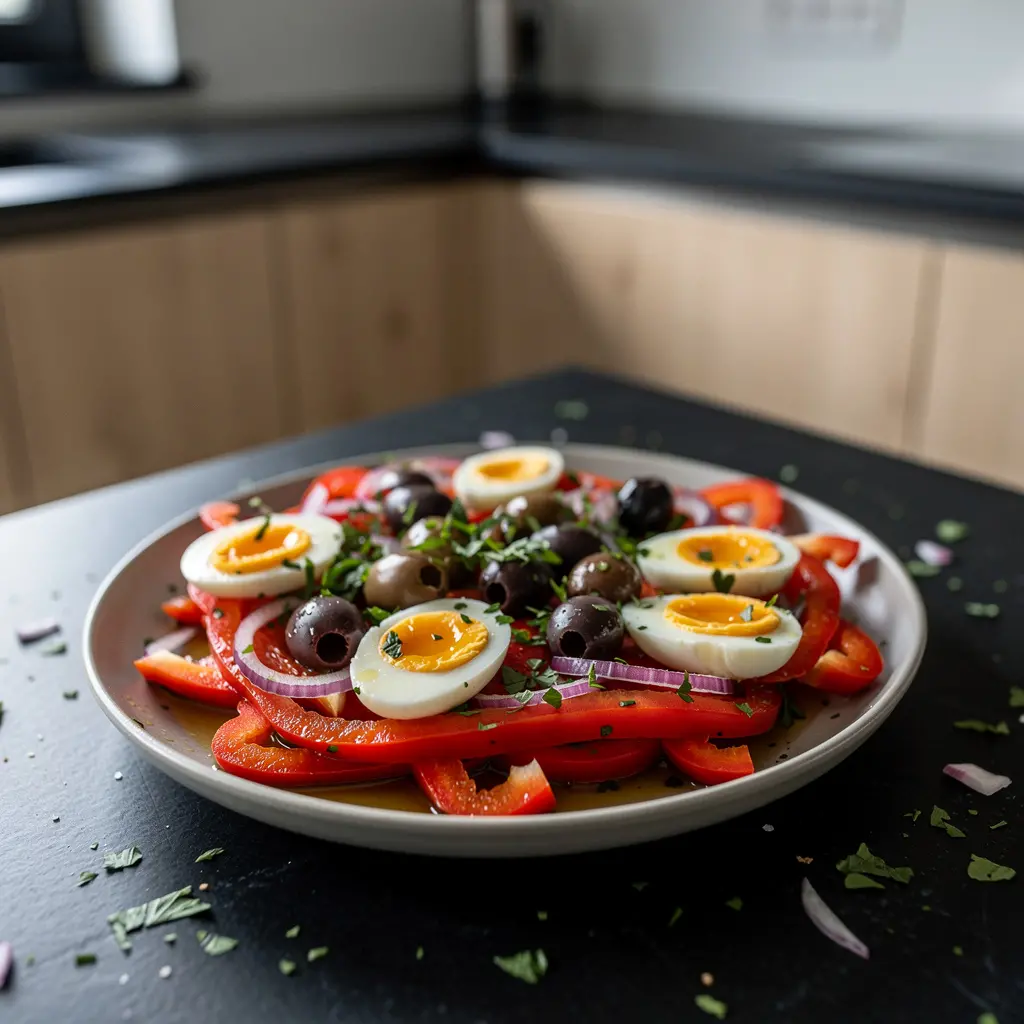 Hiszpańska sałatka z pieczonej papryki i jajek przepiórczych