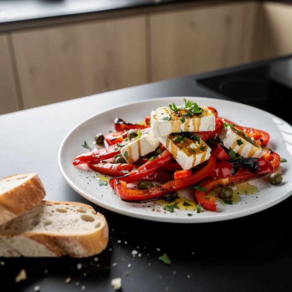 Hiszpańska sałatka z pieczonej papryki i sera koziego