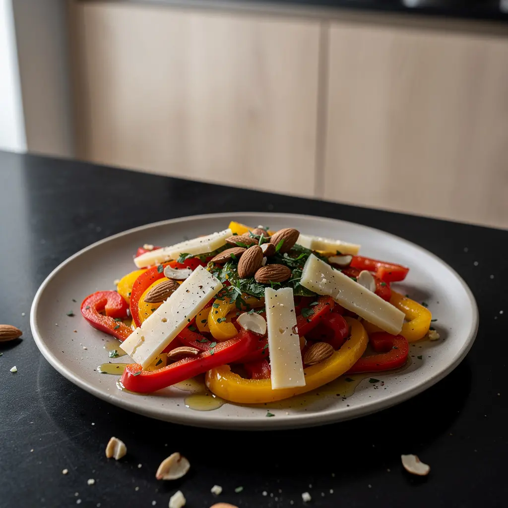 Hiszpańska sałatka z pieczonej papryki i sera manchego z migdałami