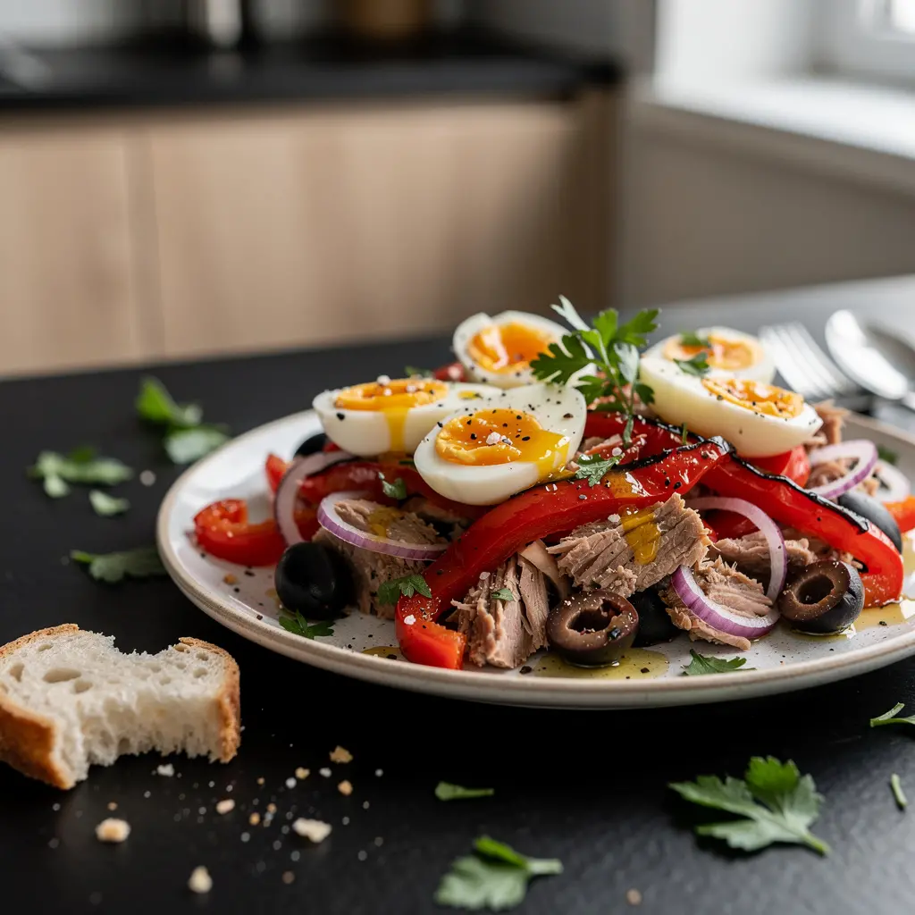 Hiszpańska sałatka z pieczonej papryki i tuńczyka z jajkiem na miękko