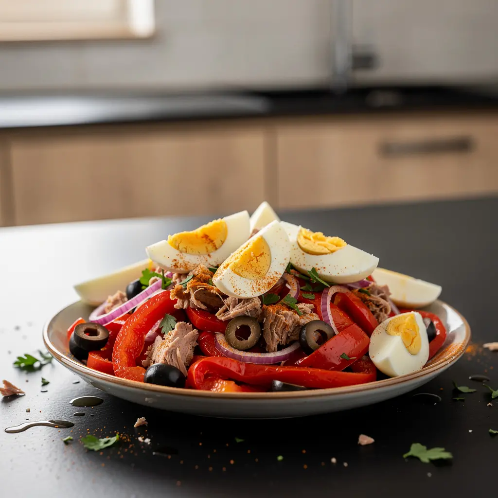 Hiszpańska sałatka z pieczonej papryki i tuńczyka z jajkiem na twardo