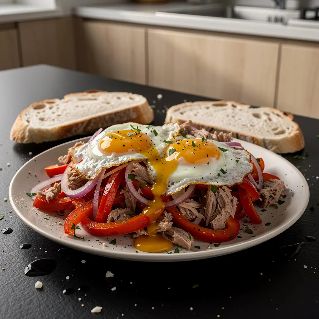 Hiszpańska sałatka z pieczonej papryki i tuńczyka z jajkiem sadzonym