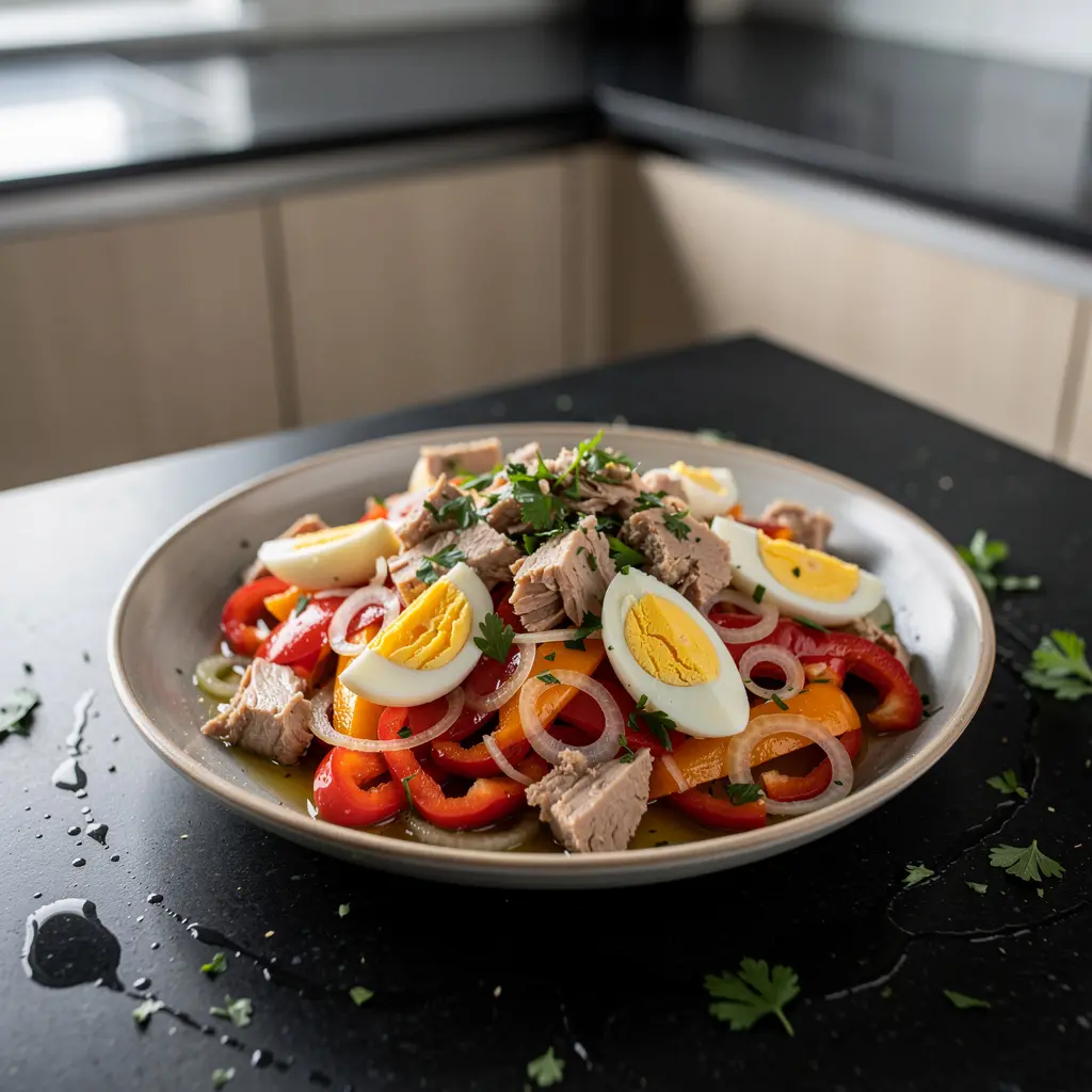 Hiszpańska sałatka z pieczonej papryki, jajka i tuńczyka