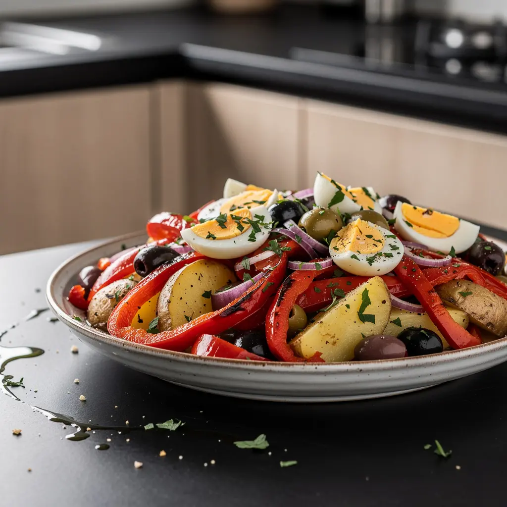 Hiszpańska sałatka z pieczonej papryki, ziemniaków i jajka